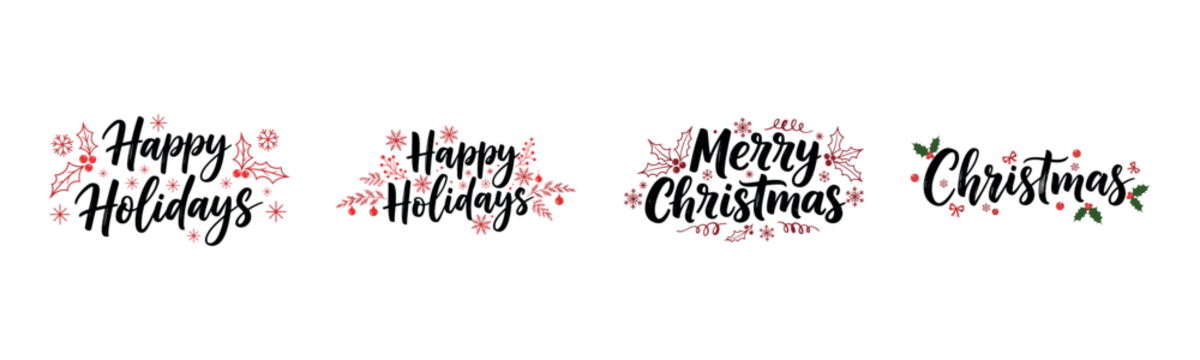 圣诞快乐、节日快乐、新年快乐节日问候（配有红冬青浆果、雪花及优雅字体，透明背景）