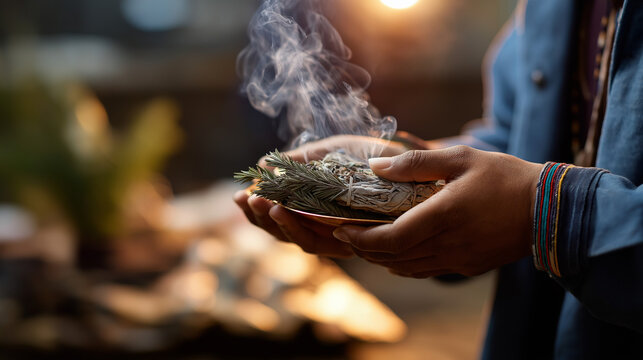 无面萨满进行传统烟熏仪式，背景为失焦的冒烟草药——灵性净化、疗愈实践与原住民传统仪式
