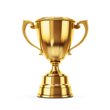 A shiny, gold trophy cup with two handles on a transparent background
