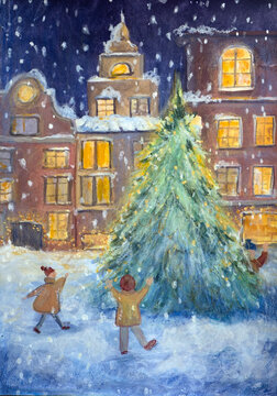 雪中小镇广场的神奇圣诞树庆典，冬季节日水彩插画。贺卡