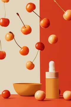 serúm cosmético minimalista con cerezas sobre fondo naranja vibrante, mockup skincare moderno, Packaging cosmético moderno en paleta naranja con cerezas, composición flat lay premium