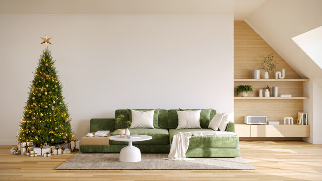Modern living room interior with green velvet sofa and decorated Christmas tree,wooden cabinet and wood floor, 3D rendering.