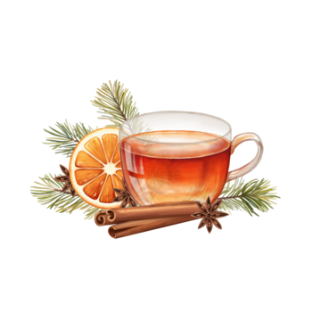 一张手绘的、孤立展示的玻璃茶杯插图，杯中盛有热茶，搭配一片橙子、肉桂棒、八角和松枝作为装饰