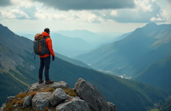 背着背包的男子站在岩石嶙峋的山顶眺望广阔的蓝色山峦，穿橙色夹克的徒步者攀登后欣赏开阔风景，宁静自然场景中可见远方山谷