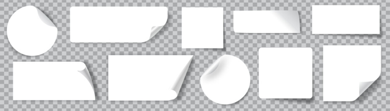 白色贴纸：带折角或卷角的空白不干胶贴纸，以及圆形、矩形、方形等多种形状的写实纸质便利贴矢量样机（干净标签或徽章样式）