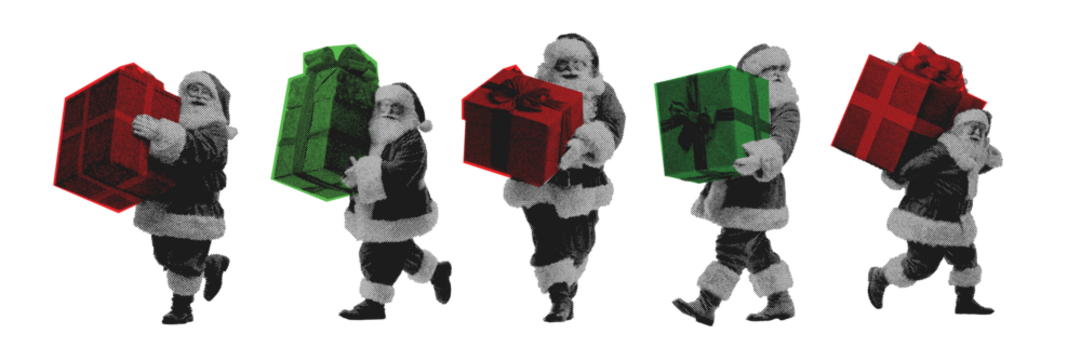 Halftone retro santa carrying oversized festive gifts in bold vintage grunge style for christmas