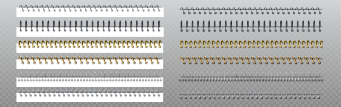银色和金色金属线圈的螺旋环活页夹元件。透明背景上展示的横向笔记本装订，适用于文具样机或逼真的文档展示。