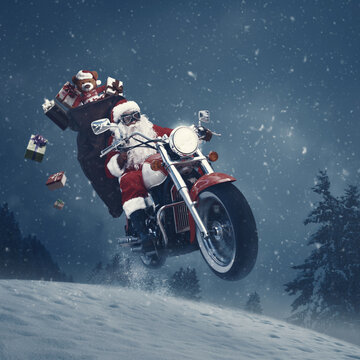 骑摩托车的圣诞老人在暴风雪中骑行