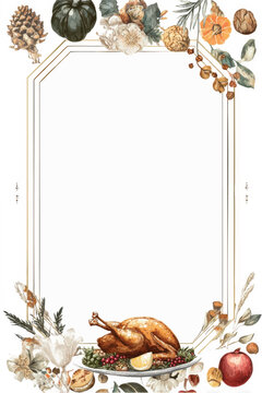 带有水彩花卉边框和烤火鸡的优雅感恩节晚宴邀请函