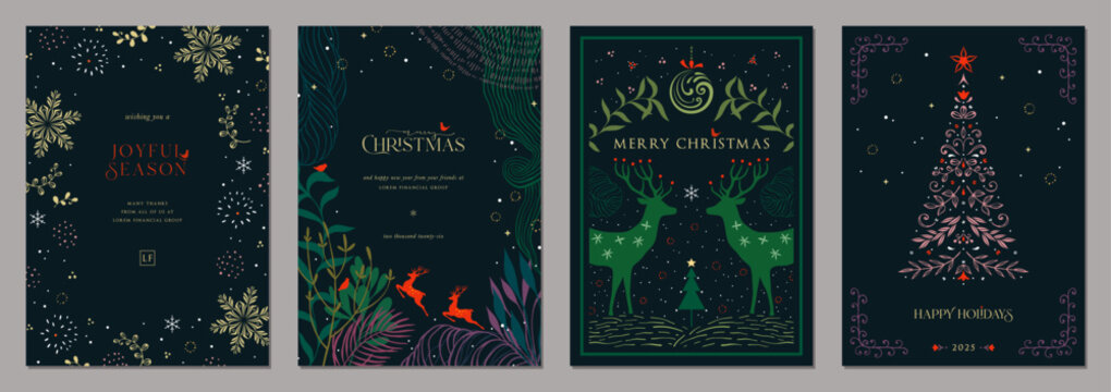 冬季仙境节日贺卡。带有装饰性圣诞树、驯鹿、鸟儿、雪花、华丽手绘边框且留有文案空间和祝福语的圣诞模板。