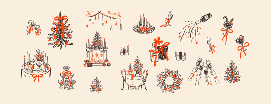 手绘涂鸦蜡笔风格复古圣诞设计元素图标集：家庭住宅节日装饰、圣诞火鸡与节日餐桌、新年庆祝、俗气奇趣圣诞树