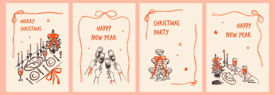 Happy New Year and Marry Christmas celebration wine and cocktail party invitations set. Whimsical hand drawn coquette bachelorette, wedding, girly birthday posters, greeting cards. Champagne pyramid