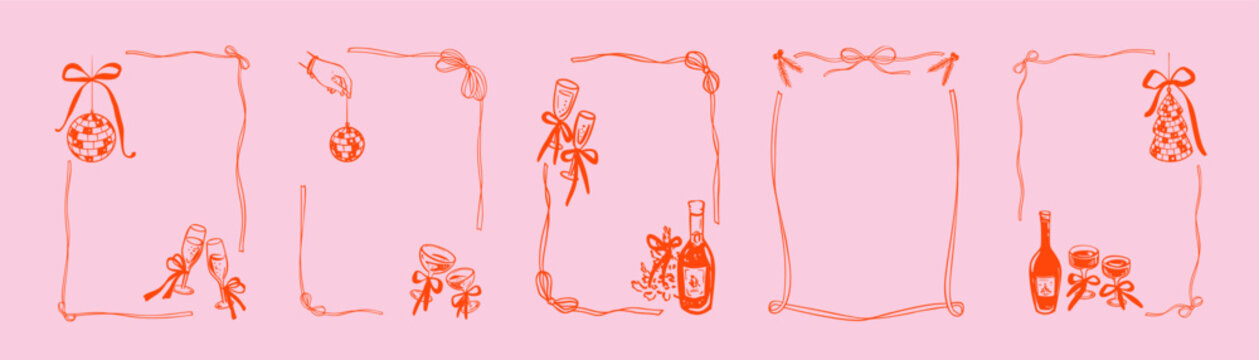 Set of red and pink coquette Merry Christmas and Happy New Year bow ribbon frames. Bachelorette disco party. Cute disco ball with a bow. Girly xmas hand drawn doodle invitation. Champagne glass