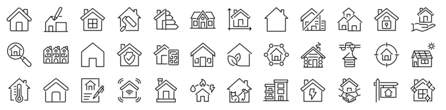36个房屋相关轮廓图标集：线性图标合集，可编辑描边，矢量插画
