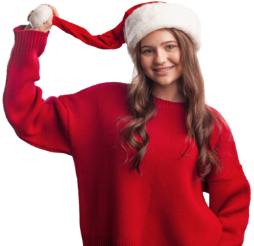 Beautiful santa lady in christmas hat on background