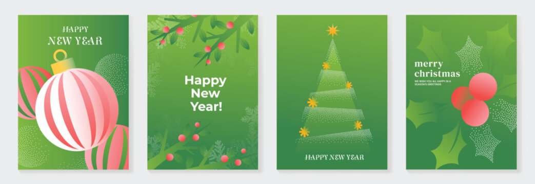 圣诞与新年快乐矢量插画，采用柔和渐变色彩，包含节日装饰、树木及各类节日元素——适用于贺卡、海报和印刷品的优雅设计