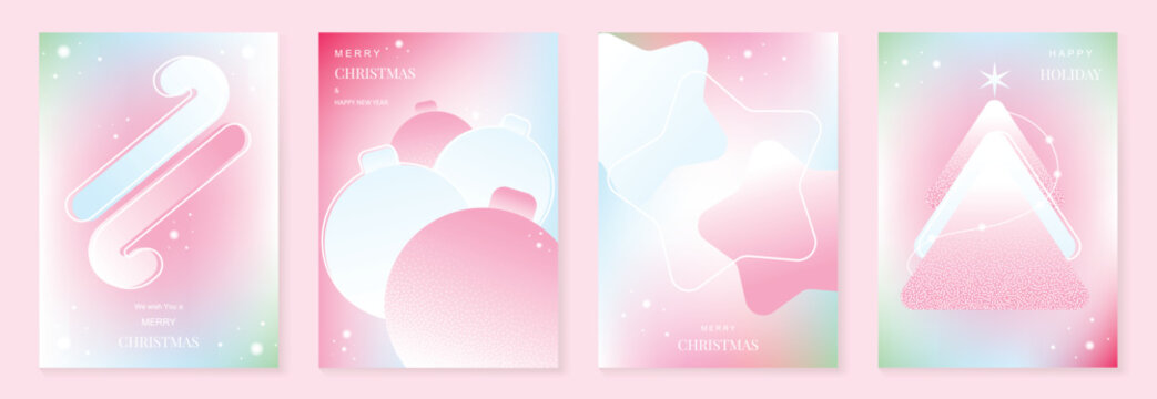 圣诞与新年矢量插画，采用柔和渐变色彩，搭配节日装饰、树木及各类节日元素——适用于贺卡、海报和印刷品的优雅设计