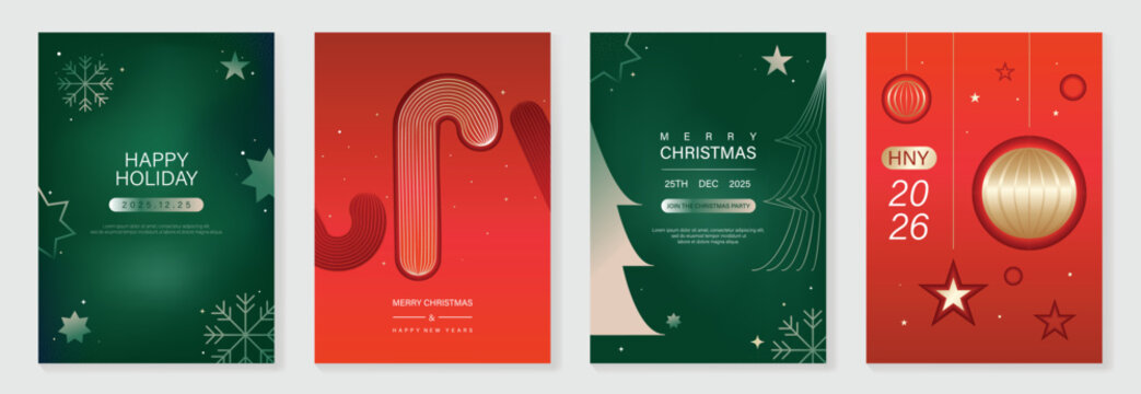 Christmas and Happy New Year vector illustration with soft gradient colors, festive ornaments, trees and holiday elements — elegant design for cards, posters and prints.