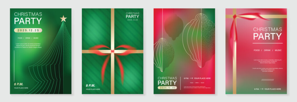 圣诞与新年快乐矢量插画，含柔和渐变色彩、节日装饰、树木及节日元素——适用于卡片、海报和印刷品的优雅设计