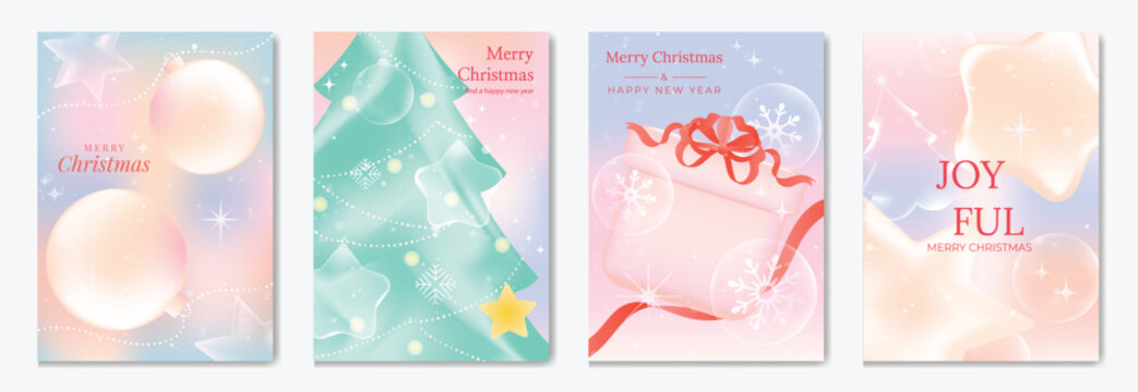 带有柔和渐变色、节日装饰品、树木和假日元素的圣诞节与新年矢量插画 — 适用于贺卡、海报和印刷品的优雅设计