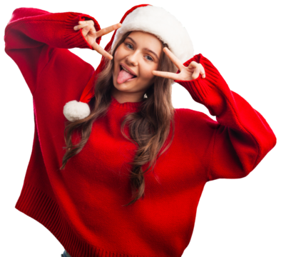 背景中的戴圣诞帽的美丽圣诞老人装扮女士