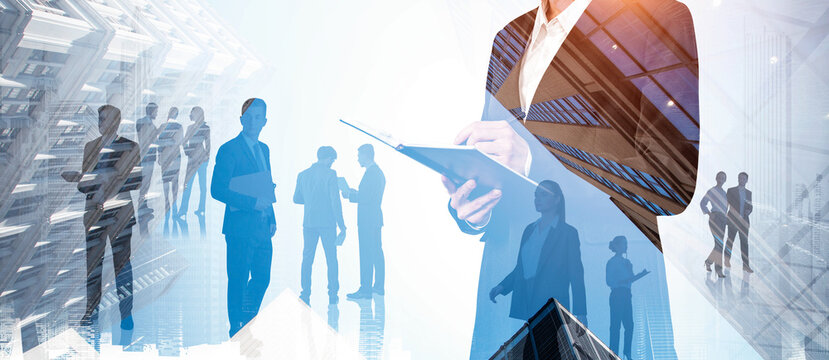 浅色背景上以抽象双重曝光风格叠加现代城市建筑的商务人士剪影，象征团队合作与战略理念