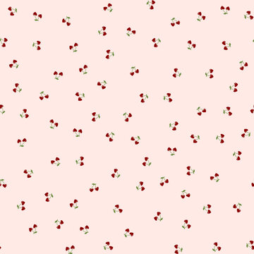 可爱樱桃爱心无缝图案（含樱桃果实与爱心元素），适用于复古Y2K主题、情人节、纺织品设计、文具、包装及娇俏风格视觉作品