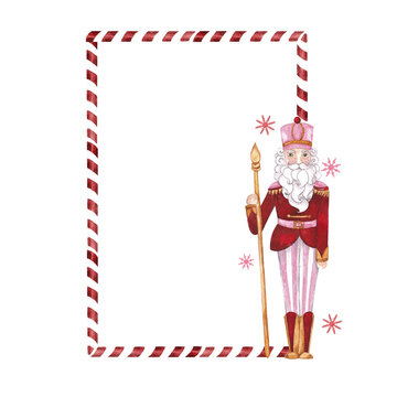 水彩边框搭配拐杖糖、粉红色圣诞元素、冬季旋转木马、姜饼屋、圣诞树、胡桃夹子、棒棒糖，白色背景孤立呈现