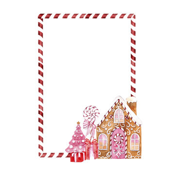 水彩边框搭配拐杖糖、粉红斑马圣诞元素、冬季旋转木马、姜饼屋、圣诞树、胡桃夹子、棒棒糖，白底孤立