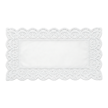 Rectangular white linen placemat featuring intricate scalloped lace border detail isolated on transparent background