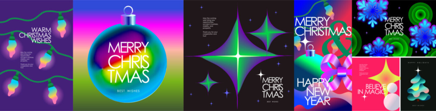 圣诞快乐，新年快乐！适用于企业贺卡、海报或横幅的花环、玻璃球、星星、丝带、雪花和圣诞树的矢量抽象现代3D插画