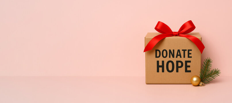 粉色背景上系有红色蝴蝶结的圣诞捐赠礼盒