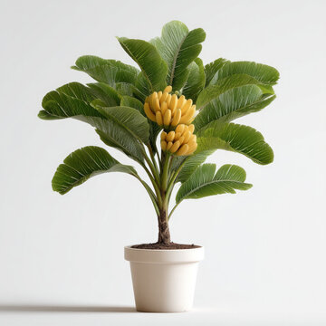 Banana plant tree with lush green leaves and ripe yellow fruit in white pot, indoor tropical houseplant decor