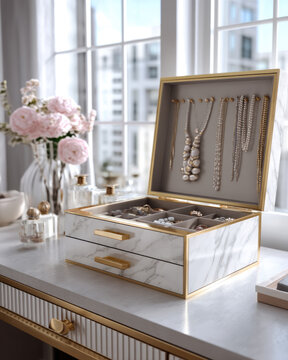 奢华大理石金色优雅收纳首饰盒 开盖展示项链戒指耳环珍珠与阳光