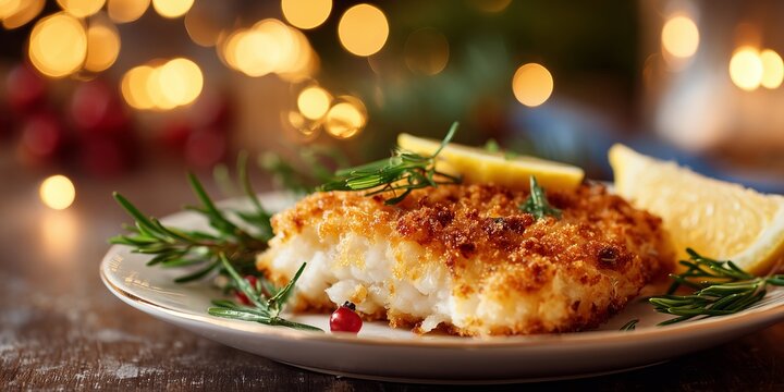Crispy fried fish fillet with lemon and herbs rests on a festive plate with warm lights. A traditional Polish Christmas Eve dish known as fried carp.