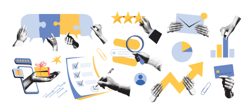 采用时尚半色调拼贴风格设计的商业管理与客户服务概念图：手持图表、放大镜、星级评分、信用卡、签约、拼图图标