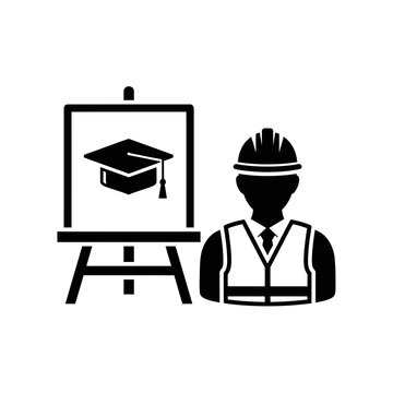 置于画架上、代表建筑工人教育或安全培训演示的黑白图标矢量插图