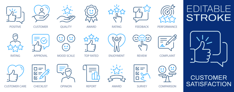 客户满意度线性图标集，反馈概念：包含评分、认可、表现、愉悦及意见符号，可编辑描边