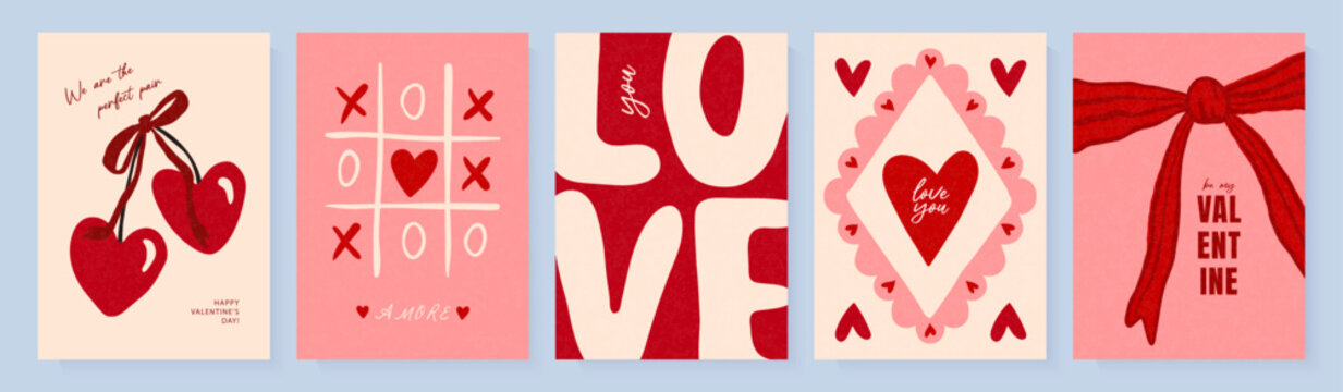 Set of Valentine's Day greeting card designs featuring heart-shaped cherries, a bow, and a tic-tac-toe game in a hand-drawn style with a grainy texture for a romantic holiday, vector illustration.