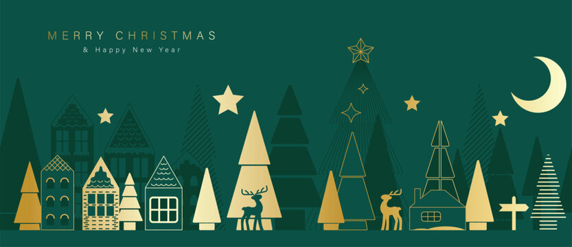 圣诞矢量贺卡插画：绿色背景搭配乡村房屋、月亮与树木，庆祝新年——宁静冬日设计