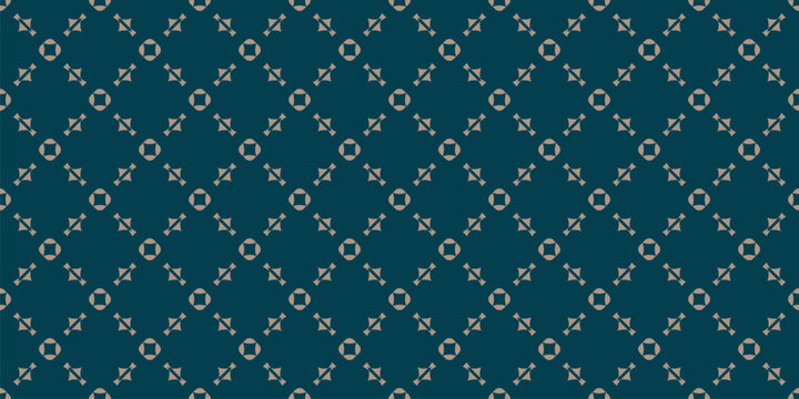 矢量装饰性无缝图案：优雅几何背景，带有格子、花卉形状与网格纹理，深青绿色与米色配色，适用于印刷、装饰、壁纸、纺织品的重复设计