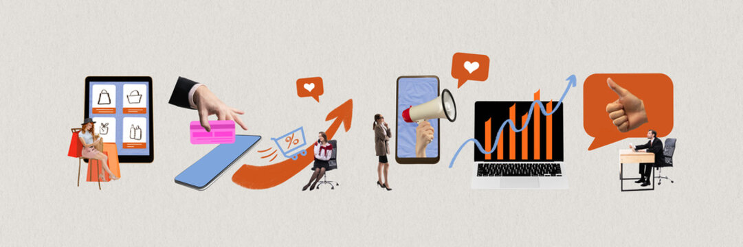 电商营销与线上销售漏斗的创意拼贴画：数字购物、社交广告、转化率提升、产品推广、移动电商及现代线上商业工具概念