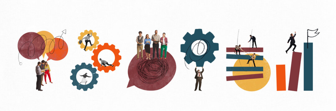 数字化转型与职场沟通的极简拼贴画——包含远程工作流、混合办公工具、业务报告、办公效率软件及企业通讯概念