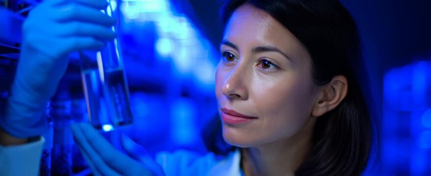 Biotech researcher inspects blue samples within a climate-controlled cabinet.