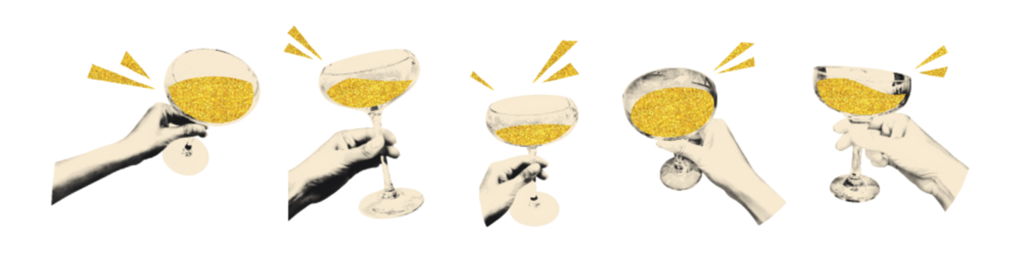 半色调拼贴风格手持盛有起泡金酒的高脚香槟杯：干杯、庆祝祝酒、鸡尾酒派对贴纸——透明背景现代复古矢量插画