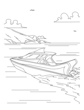 海岸线附近水面上的船只——海洋线稿插画