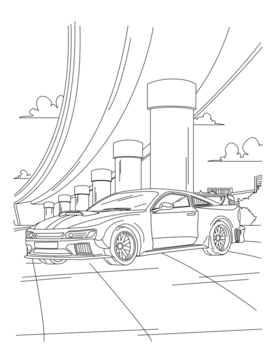 立交桥下的跑车——城市公路线稿插画