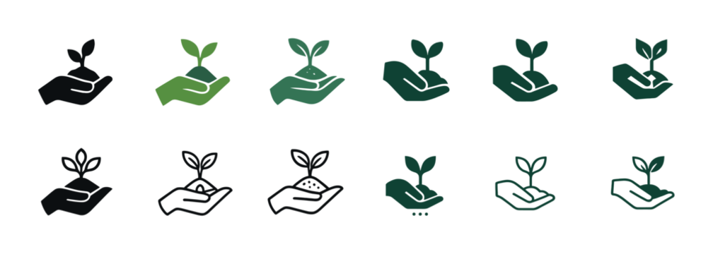 Collection of plant in hand icons representing growth and nature