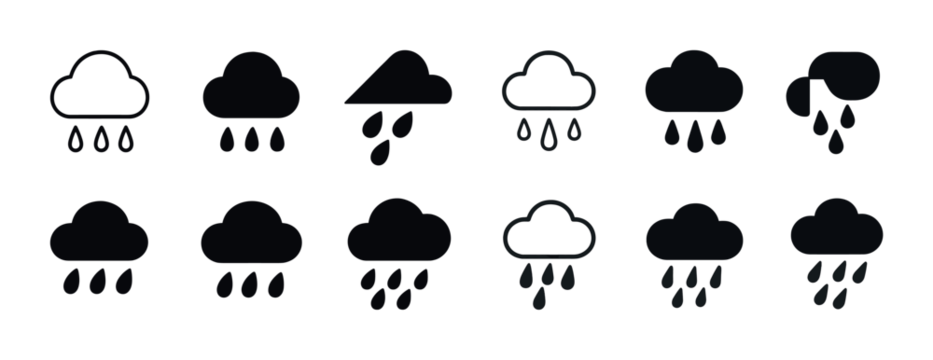 天气图标：简约黑色设计的云和雨变体