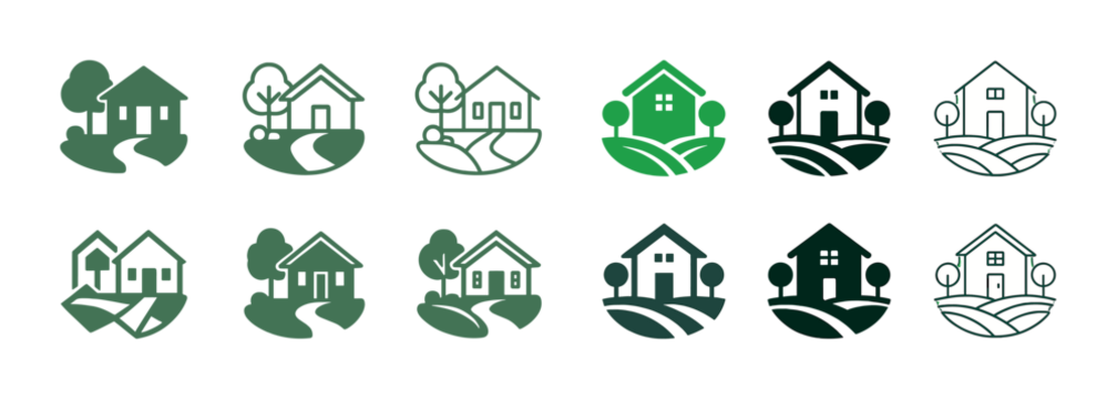 Collection of green home icons with nature elements in various styles
